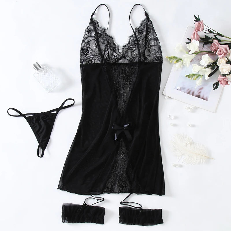 Erotic Lingerie For Women Sexy Costume Garter + Thong Set Lace Mesh Nightie Deep V Suspenders Baby Doll Dress Porn Underwear Set