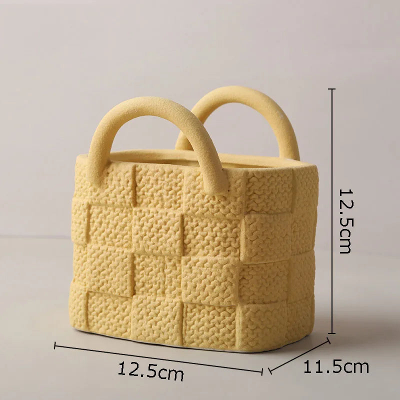 Creative Woven Handbag Vase Ceramic Flower Pots Decorative Flower Arrangement Desk Decoration Ornaments Crafts Floral Vases