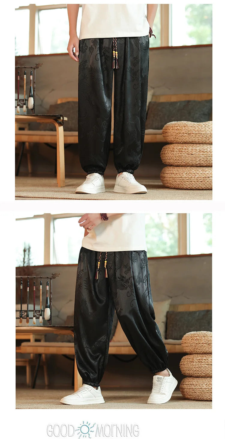 2026 Men's Chinese Style Pants Summer Ice Silk Casual Trousers Vintage Dragon Print High Quality Loose Wide Leg Harem Pants Male