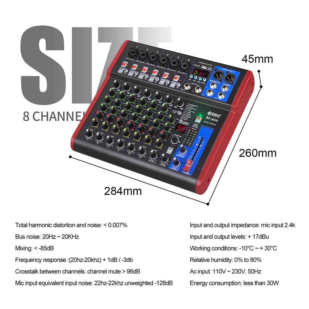 4 6 8-channel portable audio mixer, 99 DSP digital effects, Bluetooth 5.0 USB tuner for DJ consoles, karaoke, music festivals