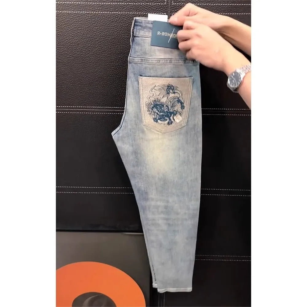 Ele Men's Jeans Casual Slim Fit Embroidered Elastic Summer New Sle Faionable Lightweight Faion Urban Youth Jeans
