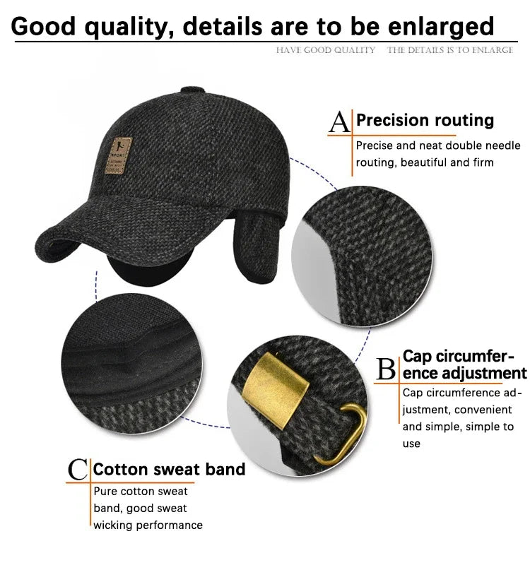 Baseball Cap Autumn Woolen Knitted Designer Men's Winter Cap Thicken Warm Hats with Earflaps Men's Brand Hats Dad Trucker Hats