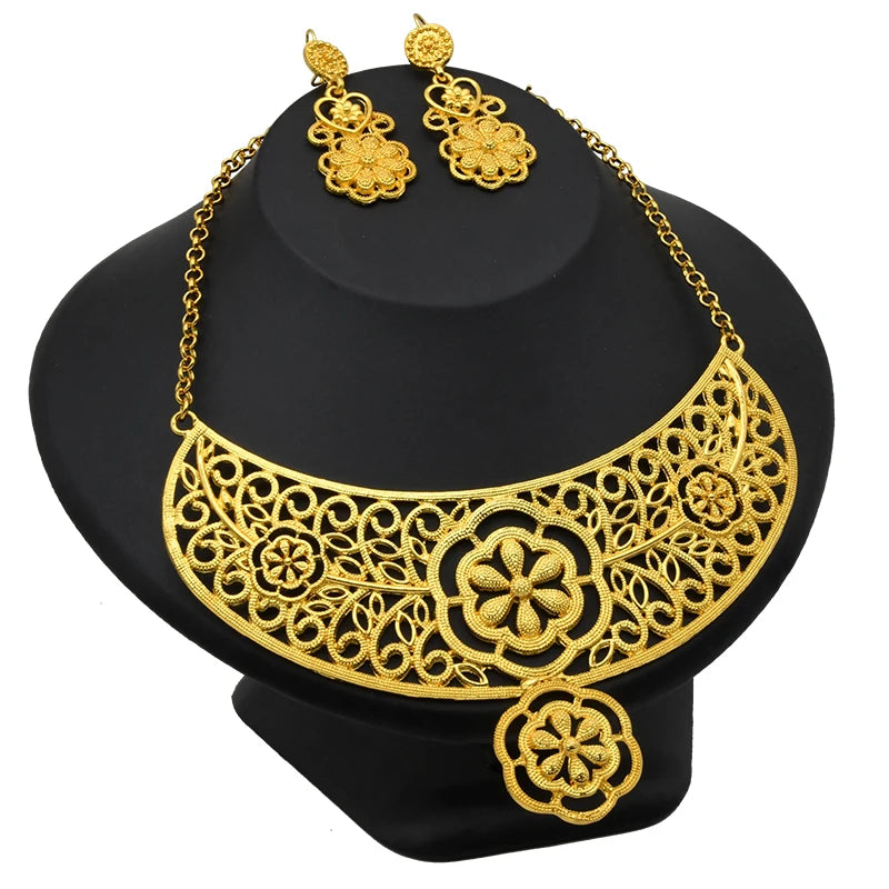 Ethiopian 24k Gold Plated Jewelry Sets for Women Costume Dubai Bridal Round Necklace Earrings Sets Nigerian Wedding Gifts