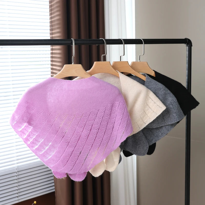 100%Wool Knitted Triangle Shawls Women Hollow Out Fashion Poncho Blouse Shoulder Fake Collar Cape Soft Warm Neck Scarves Girl