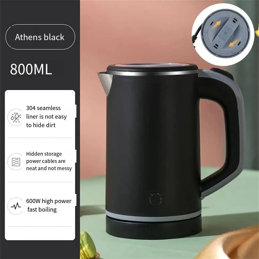110V/220V Electric Kettle 0.8L Portable Travel Kettle Stainless Steel Liner With Auto Shut-Off 600W 5Mins Fast Boil Home Kettle