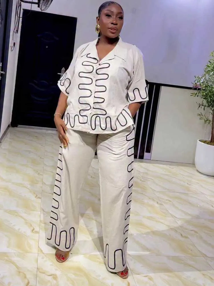 2 Pieces Set for Woman Summer Short Sleeve White Top and Loose Straight Trouser Casual Streetwear Shirt and Pants Set Outfit