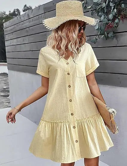 Casual Cotton Linen Summer Mini Dress For Women V-Neck Ruffles Short Sleeve Short Dress Ladies Fashion Loose Button Dresses