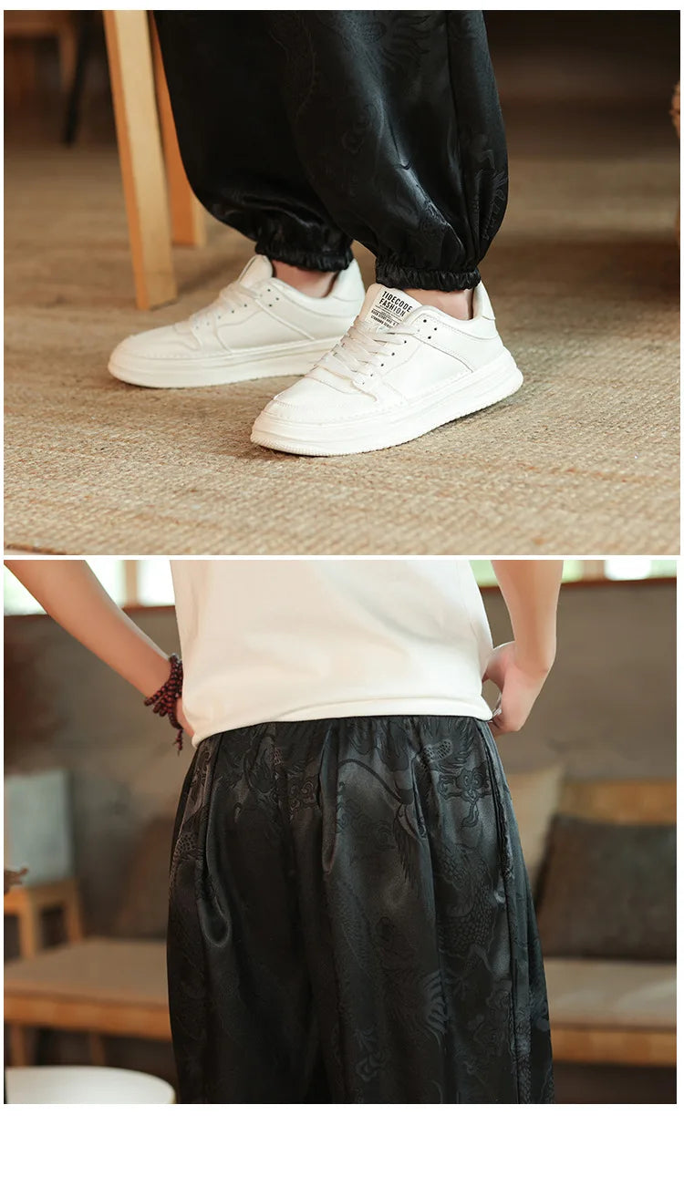 2026 Men's Chinese Style Pants Summer Ice Silk Casual Trousers Vintage Dragon Print High Quality Loose Wide Leg Harem Pants Male