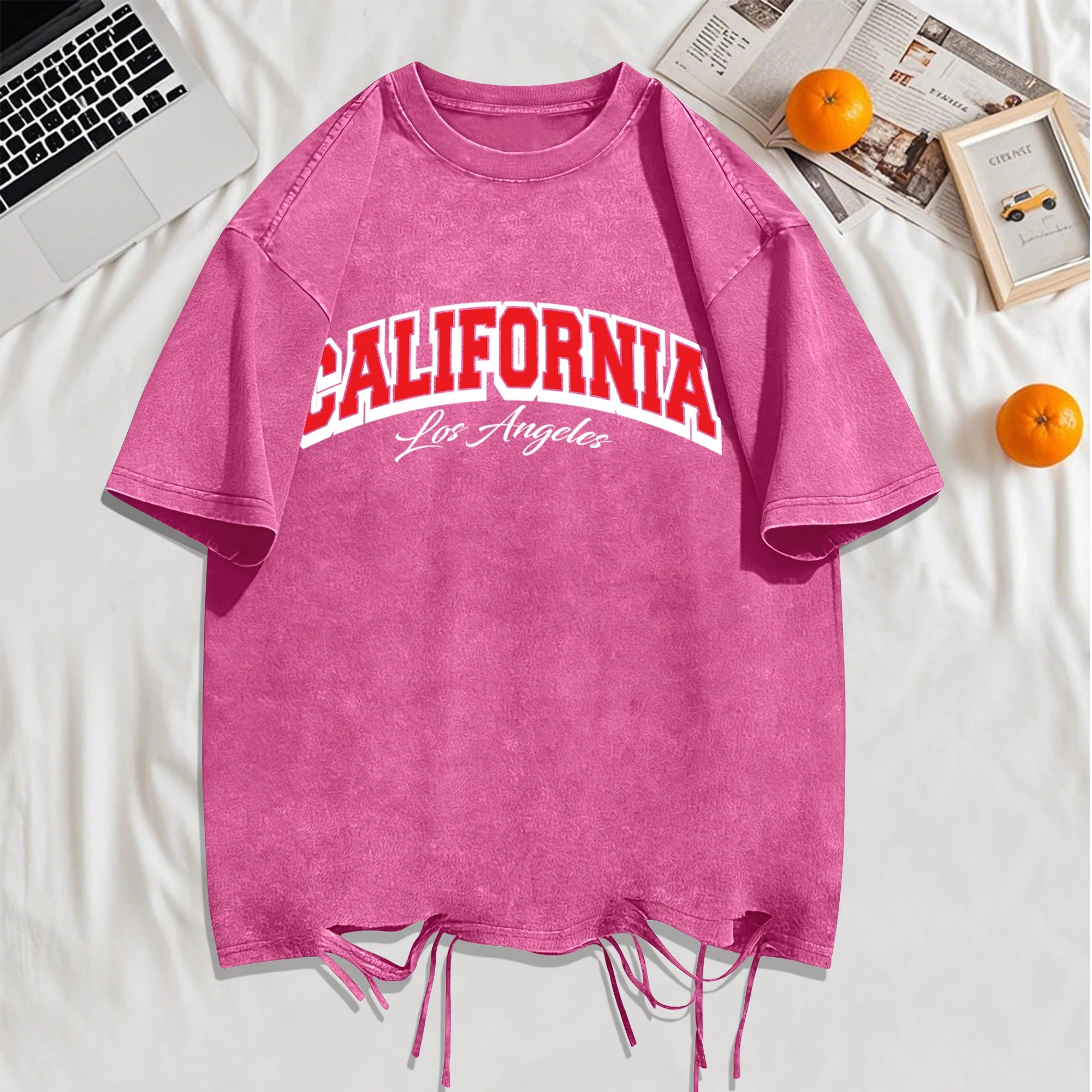 California Los Angeles City Art Letter Snow Wash Holes T-Shirt Mans Cotton Retro Tee All-Match Sportwear O-Neck Loose Clothing