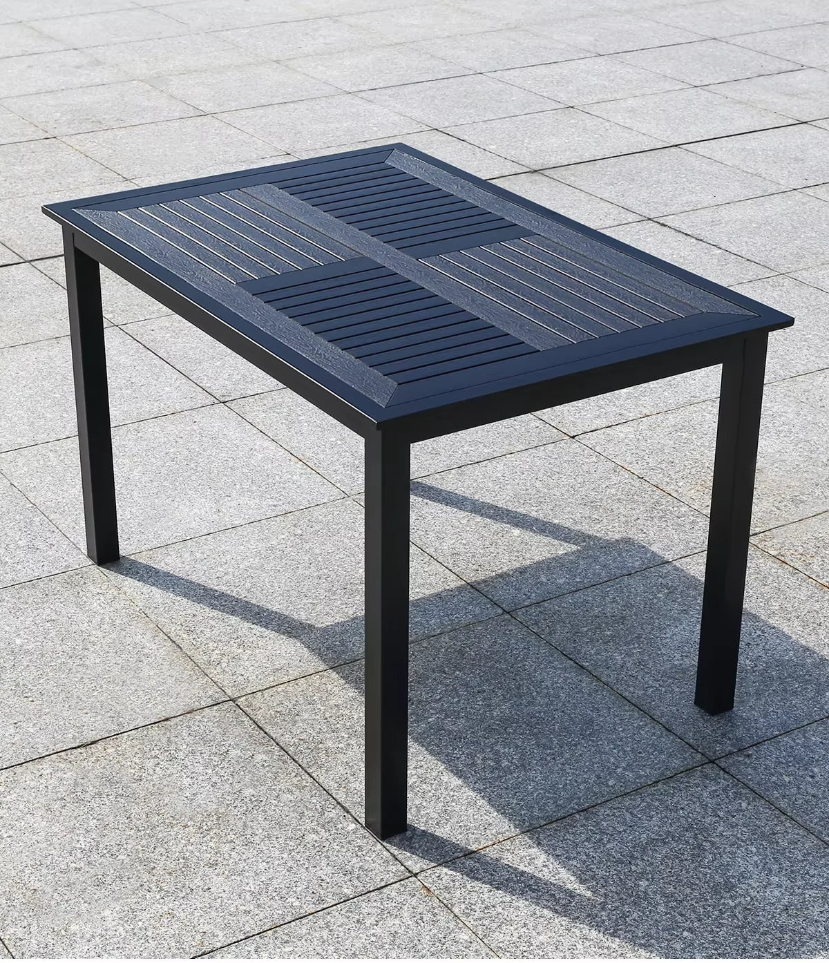 150cm Outdoor Table Large Metal Frame Rectangular Patio Table Family Outdoor Dining Table Wood-plastic Waterproof Tabletop