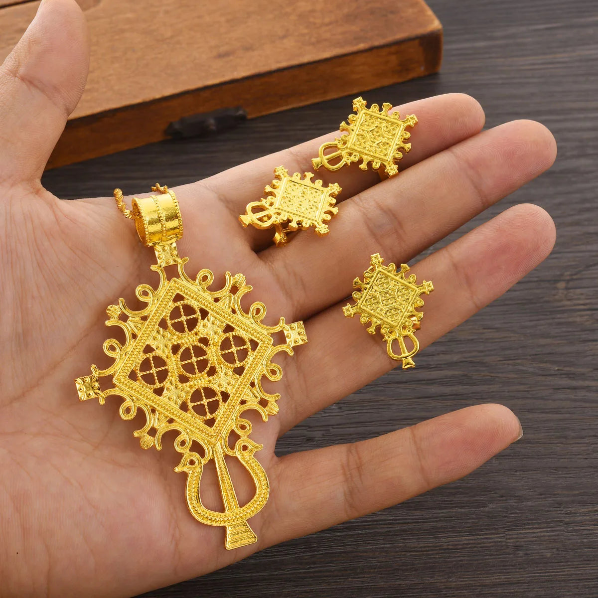 Ethiopian Eritrean Women Jewelry Sets Spcial Cross Pendant Earrings Ring African  Wedding Pretty Gold Color Jewelry Gifts