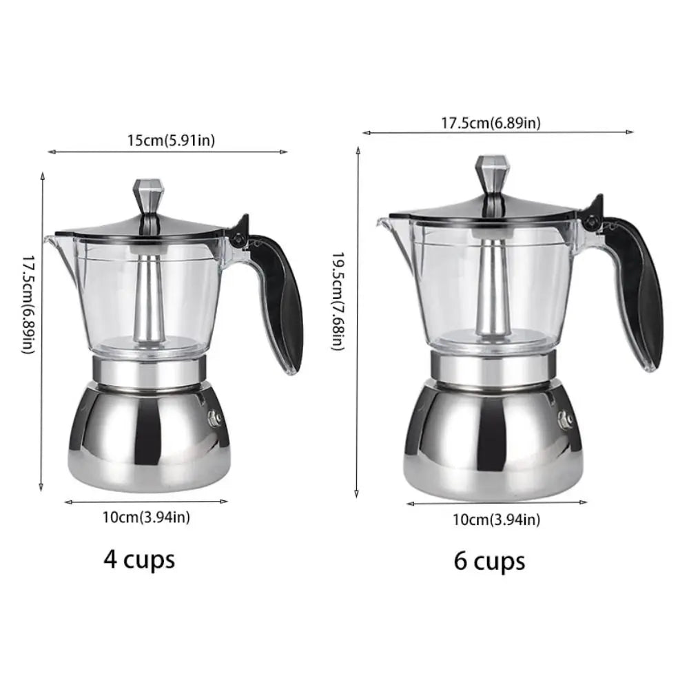 4/6 Cups Visible Moka Pot Transparent Pot Body Stainless Steel Coffee Maker Pot Universal Espresso Italian Coffee Machine