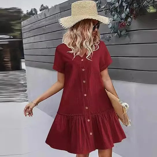 Casual Cotton Linen Summer Mini Dress For Women V-Neck Ruffles Short Sleeve Short Dress Ladies Fashion Loose Button Dresses