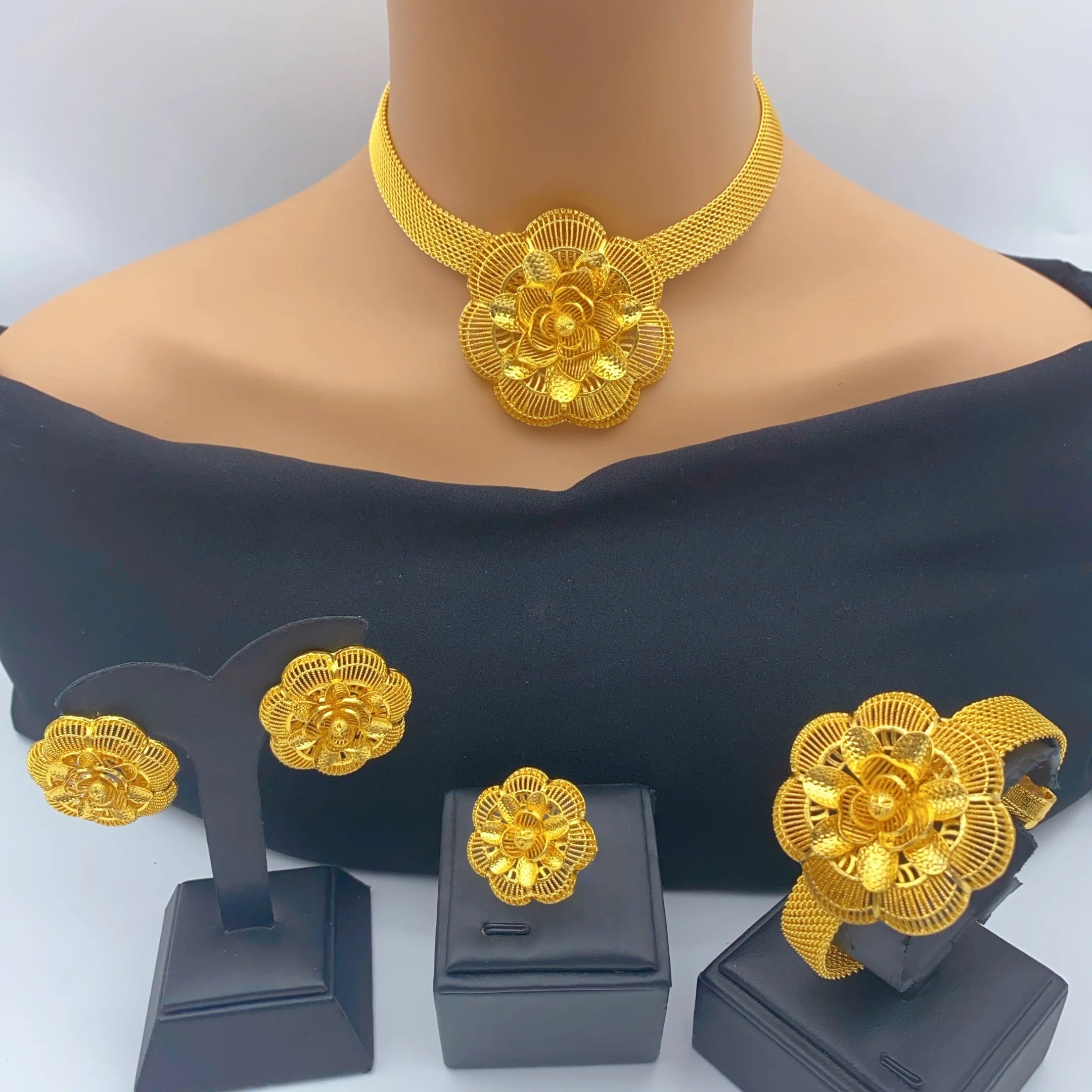Ethiopian 24k Gold Color Charm Necklace Earrings Set For Lady Africa Big Pendant Choker Jewelry Wedding Party Accessories