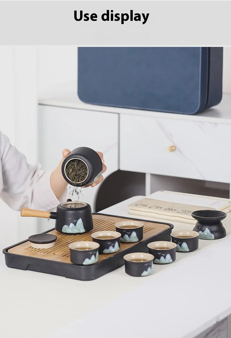 11pcs Japanese Travel Tea Set with Teapot Tea Cups And Bamboo Tray Hand-Painted Ceramic Tea Set with Gift Box And Storage Box