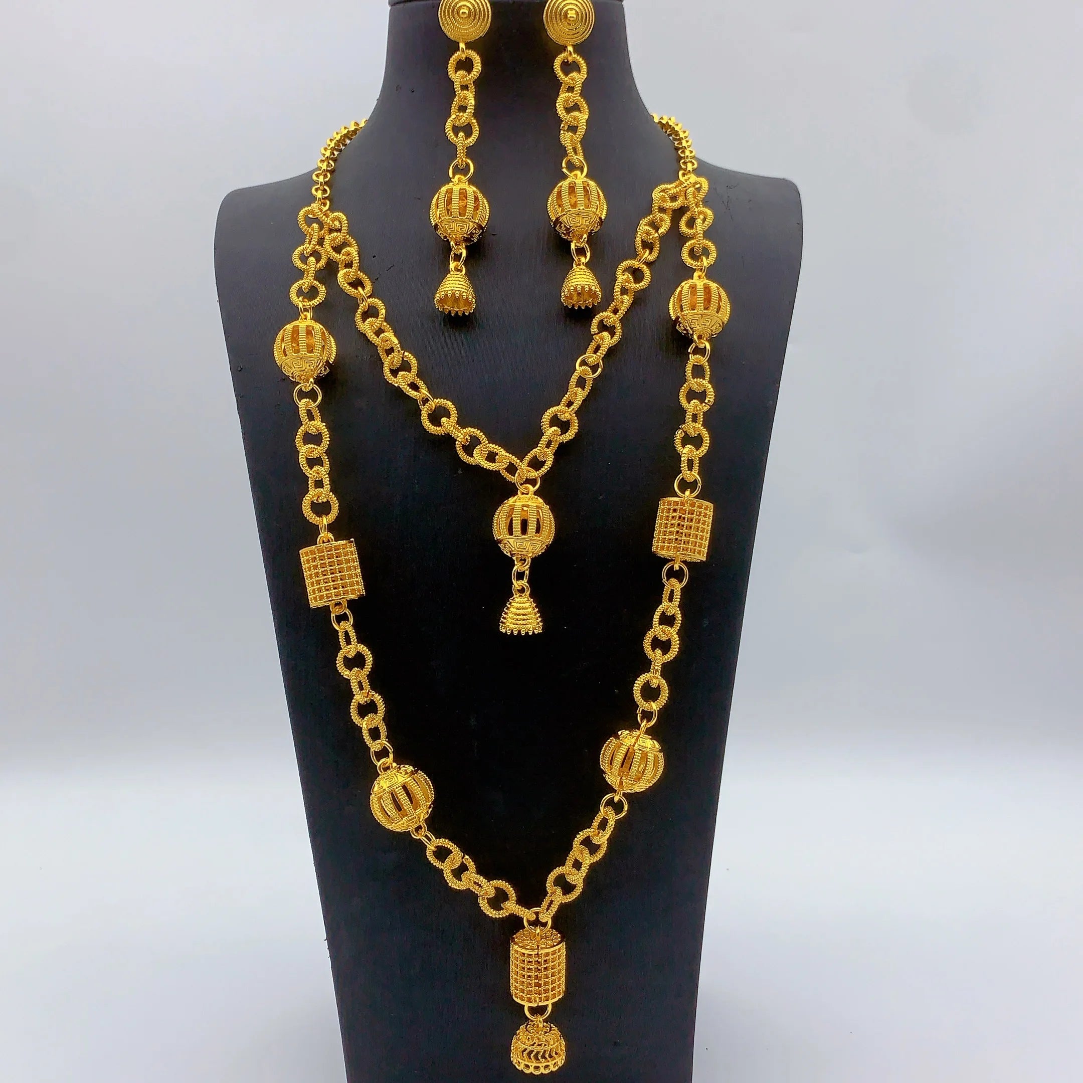 Brazilian 24k Gold Plated Jewelry Set For Women Wedding Long Necklace Earrings Jewellery Dubai Nigerian African Bridal Sets
