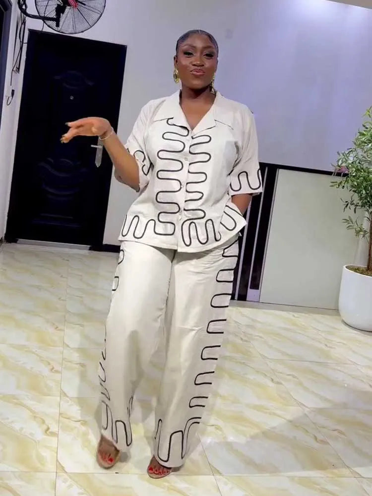 2 Pieces Set for Woman Summer Short Sleeve White Top and Loose Straight Trouser Casual Streetwear Shirt and Pants Set Outfit