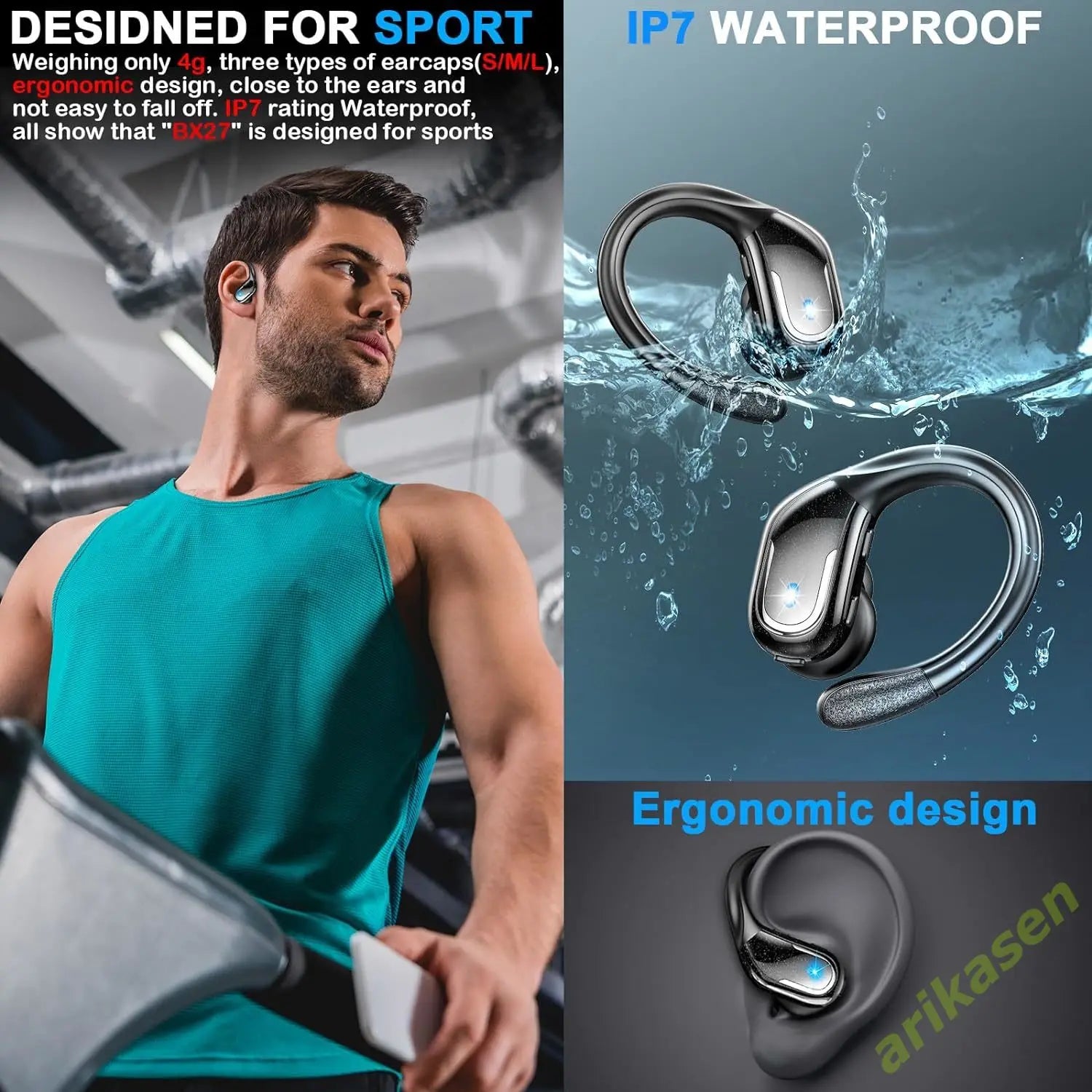 Bluetooth 5.3 Headphones Pure Bass Sound with Earhooks 75H Battery Over Ear Headphones with Dual-LED Display IP7 Waterproof