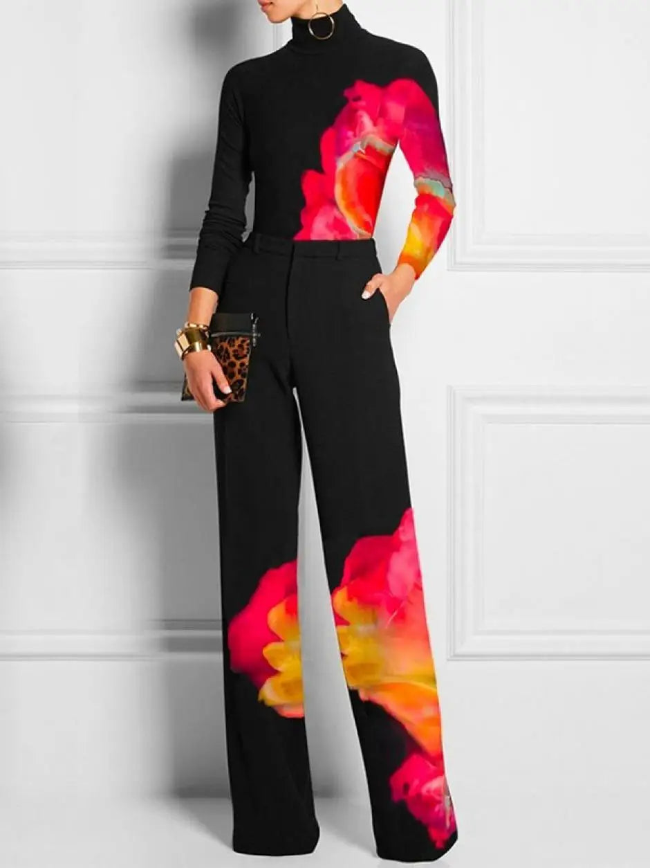 Casual Spring Women Tops Fashion Contrast Color Printed 2025 New Long Sleeve High Neck Skinny T-Shirts For Office Lady