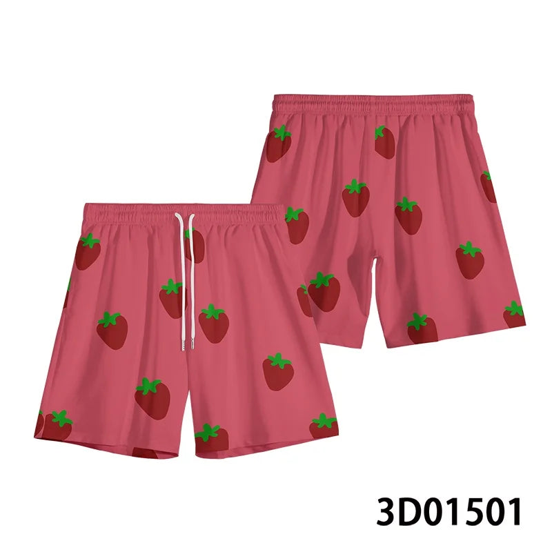 2026 Summer Loose Strawberry Shorts Mayonnaise Beach Shorts Men Swim Trunks Drawstring Waist Quick Dry Cartoon Pants Streetwear