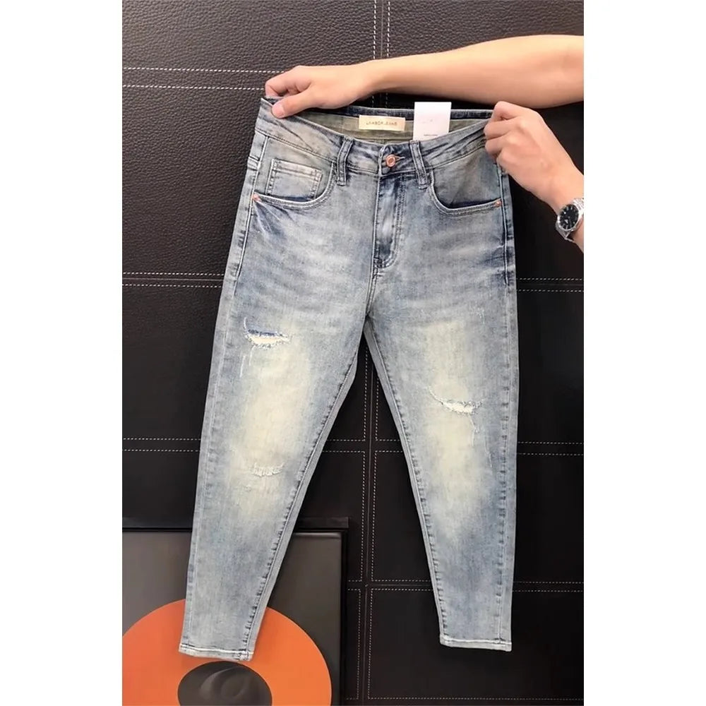 Ele Men's Jeans Casual Slim Fit Embroidered Elastic Summer New Sle Faionable Lightweight Faion Urban Youth Jeans