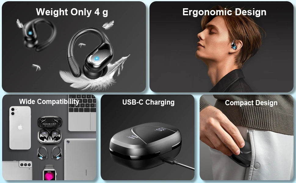 75Hrs Bluetooth 5.3 IP7 Waterproof Wireless Headphones with ENC Noise Cancelling Deep Bass Earhook For Sports Workout Gym Earbud