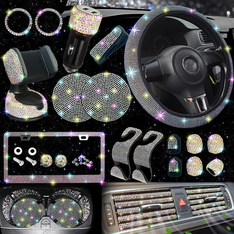 Diamond inlaid car steering wheel cover, vehicle handle gloves, crystal diamond stainless steel license plate frame, and full di