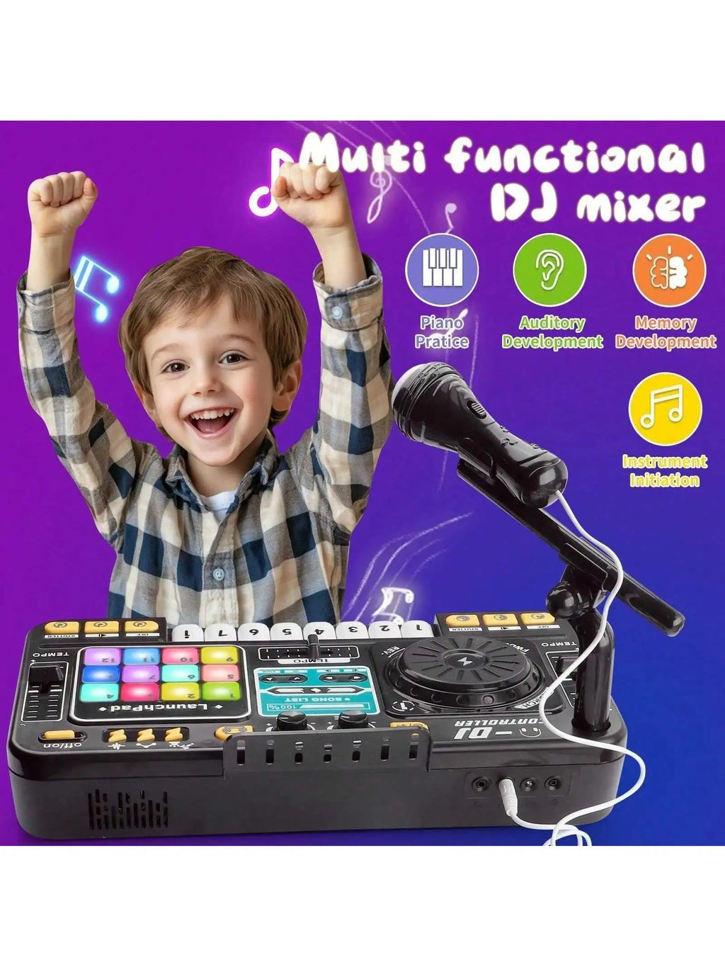 DJ Mixer for Kids, Toddler DJ Mixing Table with DJ Turntable, Game Mode, Light & Speed Control and Microphone, Gifts for 3 4 5 6