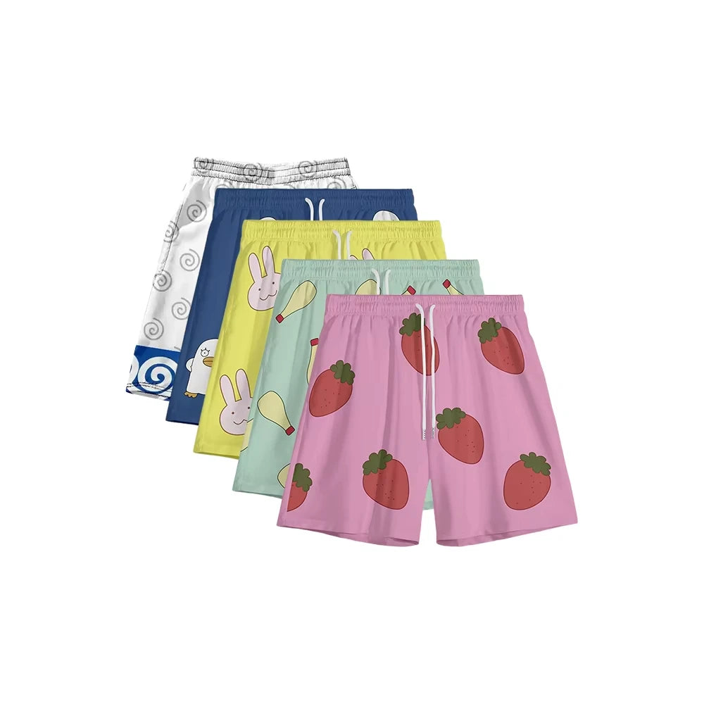 2026 Summer Loose Strawberry Shorts Mayonnaise Beach Shorts Men Swim Trunks Drawstring Waist Quick Dry Cartoon Pants Streetwear