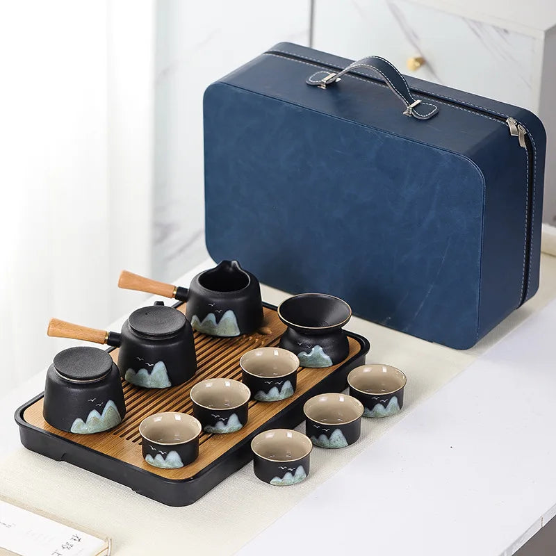 11pcs Japanese Travel Tea Set with Teapot Tea Cups And Bamboo Tray Hand-Painted Ceramic Tea Set with Gift Box And Storage Box
