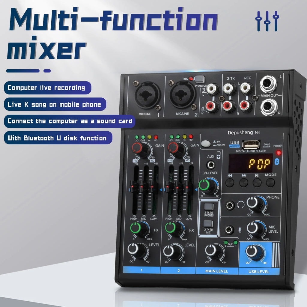 Audio Mixer Depusheng M4 4-Channels Mini Sound Mixing Console Bluetooth USB Record Computer 5V Repaeat Effect