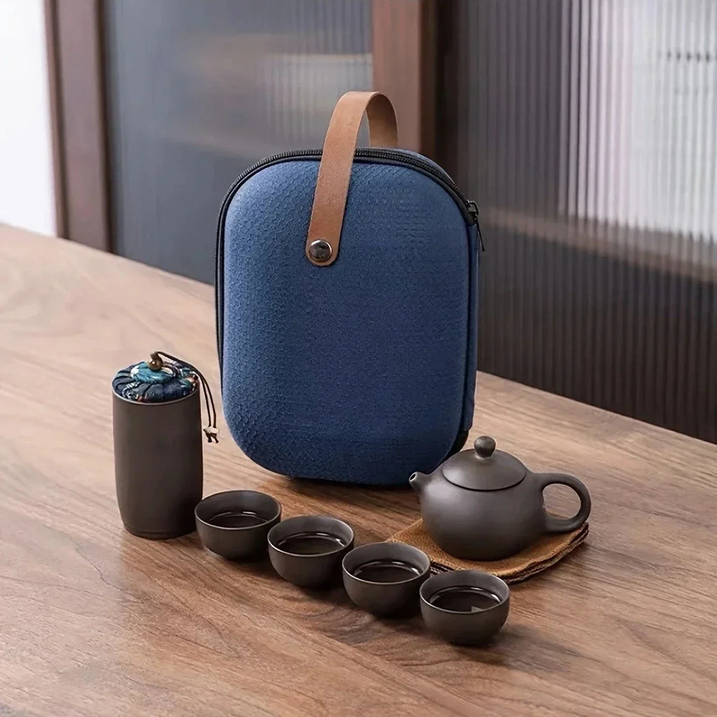 1set - Tea Set-Portable tea set with travel case, including teapot, teacup, tea can, tea cloth - Suitable for family use