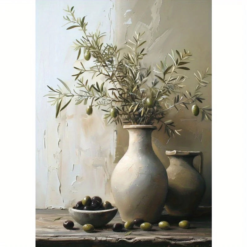 1pc Frameless Retro Still Life Poster Printing Lemon Olive Tree Plant in Vase Canvas Painting Plant Antique Family Room Decor