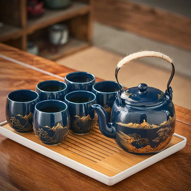 Black glaze large-capacity tea set, simple ceramic beam pot, teacup whole tea pot set  tea set  tea pot and cup set