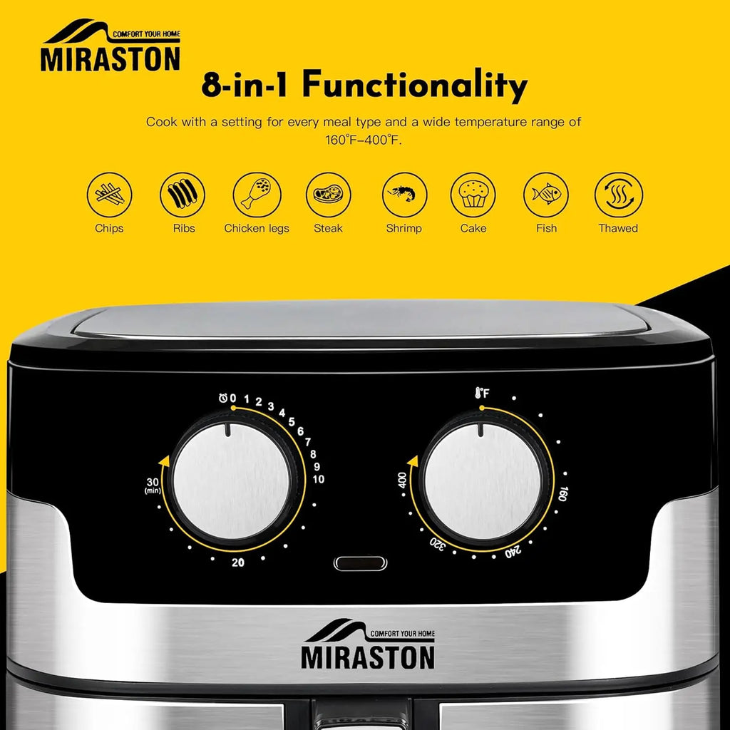 8.5QT Air Fryer, Upgraded Family Size Capacity, Visual Window, Square Basket Dials Stainless Steel Air Fryers, Reheat Leftovers,