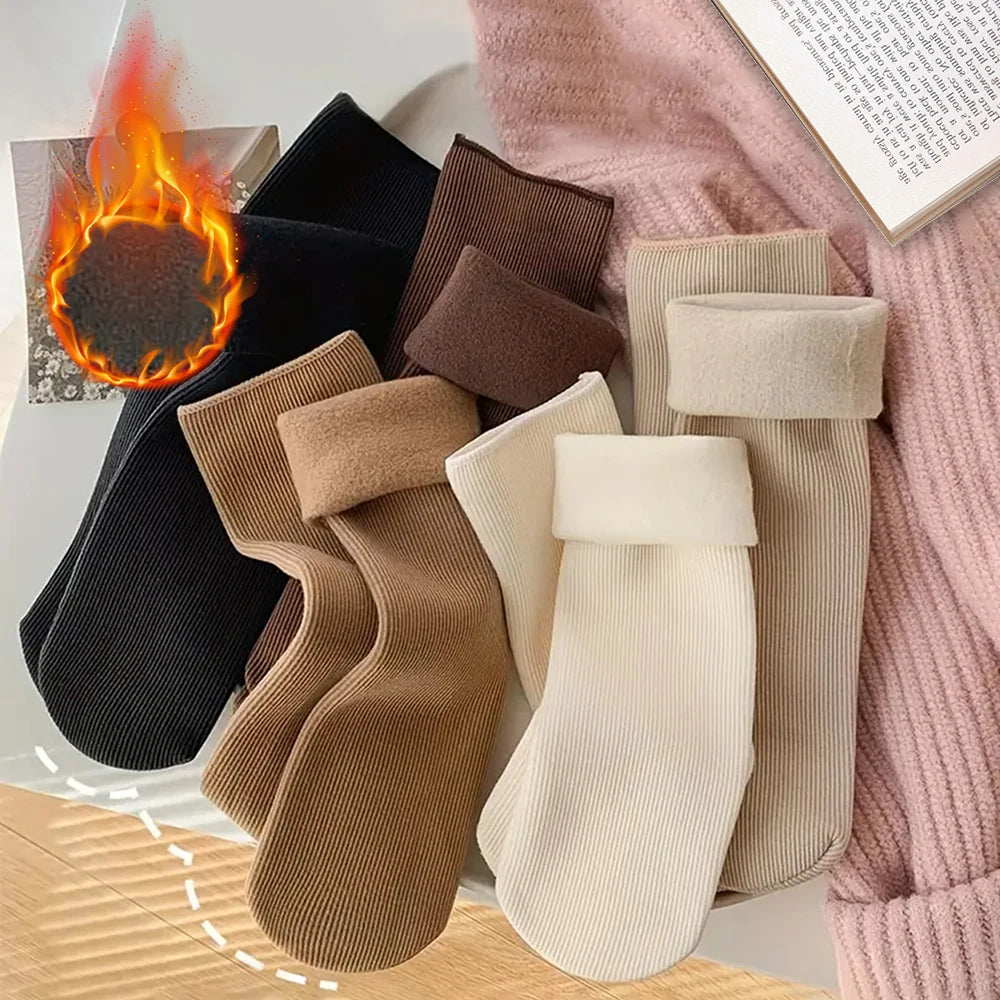 5pairs Winter Warm Solid Women Socks Thicken Thermal Socks Black Skin Seamless Snow Sock Unisex Socks