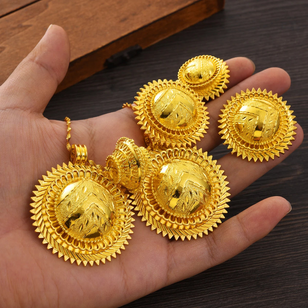 Eritrean Ethnic Style Jewelry Set Gold Color Necklace Pendant Ring Earring Ethiopian Bride Traditional Wedding Jewelry Gift #086