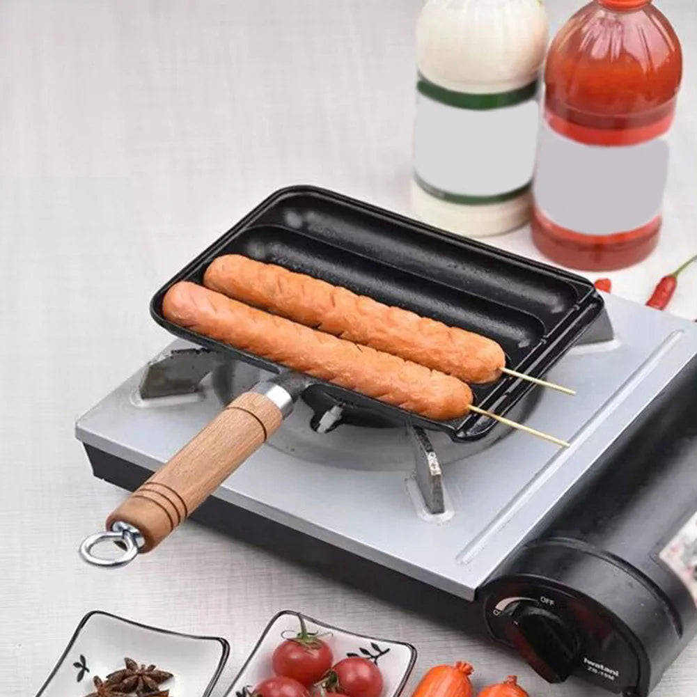 Cast Iron Pre-Seasoned Pot Non-Stick Pre-Seasoned Grilled Sausage Pot with Wooden Handle Hot Dog Mold Pan BBQ Supply Grilled Pot