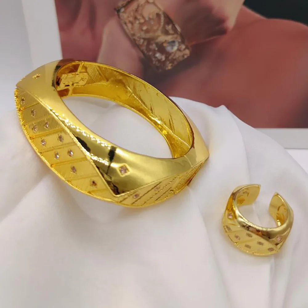 ethiopian hand gold color bracelet bangles rings set for Women bracelet Rings Jewelry Gift Weddings party set