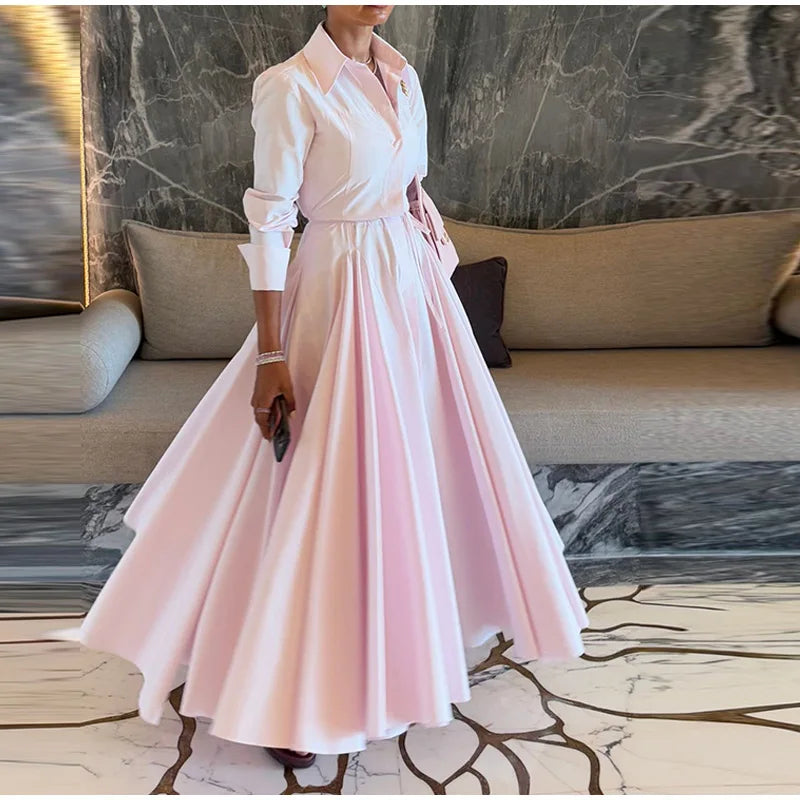 Casual Striped Women Summer Dress Lapel Single Breast Half Sleeve Slim Waist Long Dresses 2025 Autumn Lady Fashion Vacation Robe