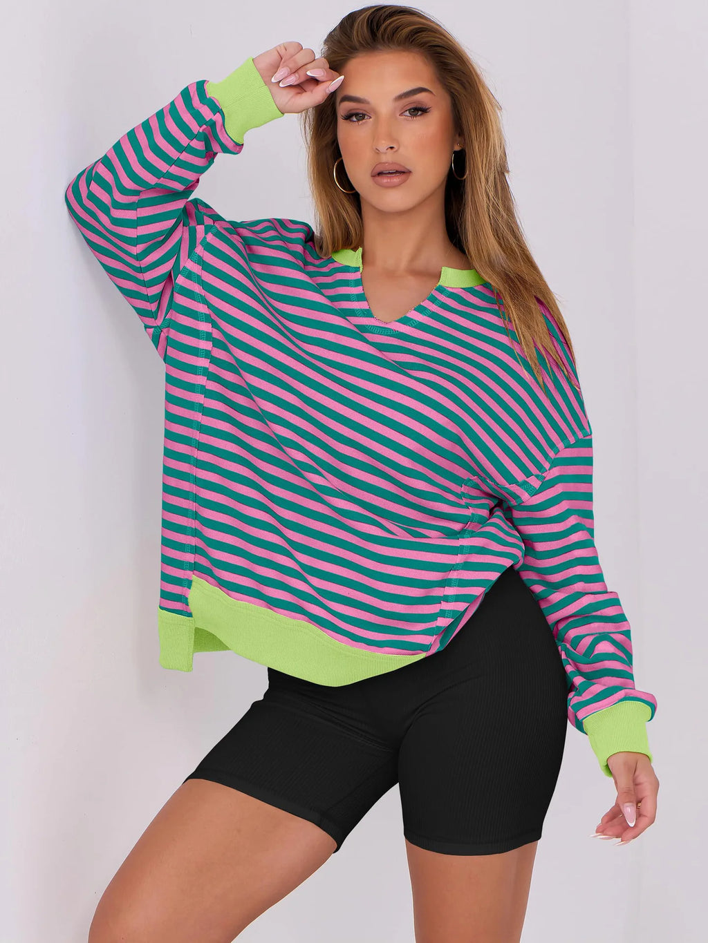 2026 Spring Sweatshirts Women Sweatshirt Tops V Neck Full Sleeve Y2k Streetwear Work Casual Loose Elegant Striped Top Autumn