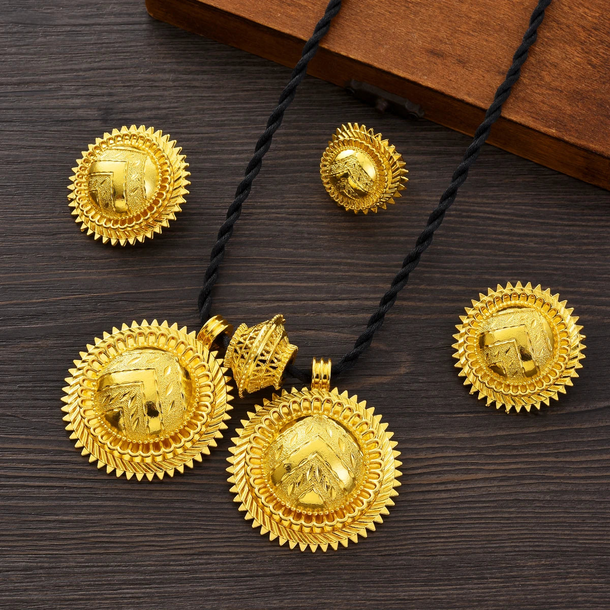Eritrean Ethnic Style Jewelry Set Gold Color Necklace Pendant Ring Earring Ethiopian Bride Traditional Wedding Jewelry Gift #086