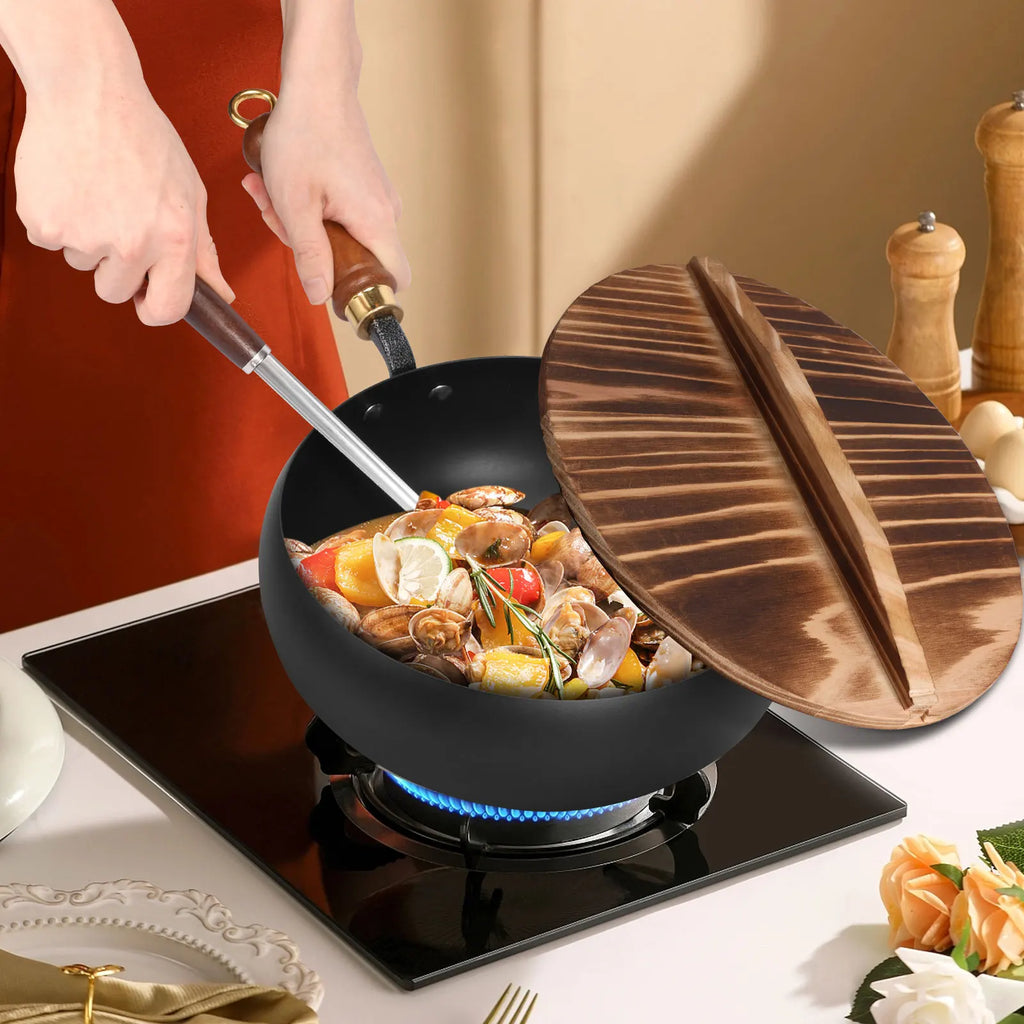 24cm Iron Wok Pan Skillet Iron Stir Fry Pans Non-stick Cooking Pan for Electric Induction Cooktops Woks Kitchen Supplies