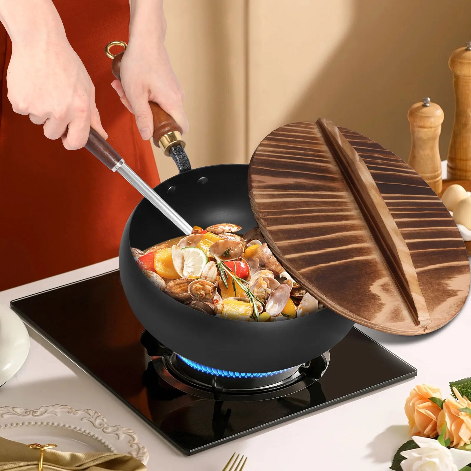 24cm Iron Wok Pan Skillet Iron Stir Fry Pans Non-stick Cooking Pan for Electric Induction Cooktops Woks Kitchen Supplies