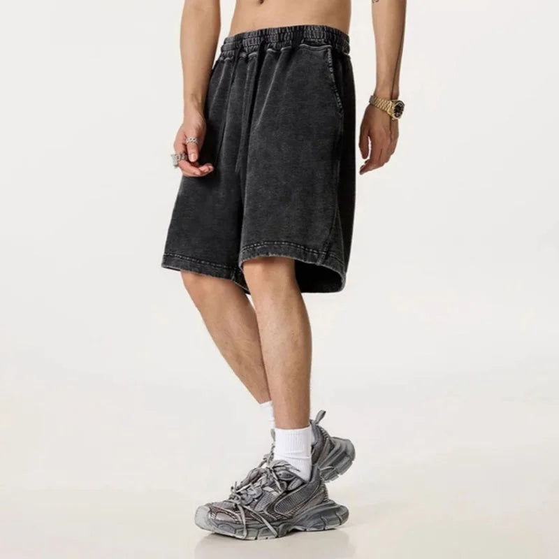 2026 New Distressed Summer Shorts Men 320G Heavy Cotton Drawstring Harajuku Loose Sweatshorts Male Casual Short Pant Streetwear
