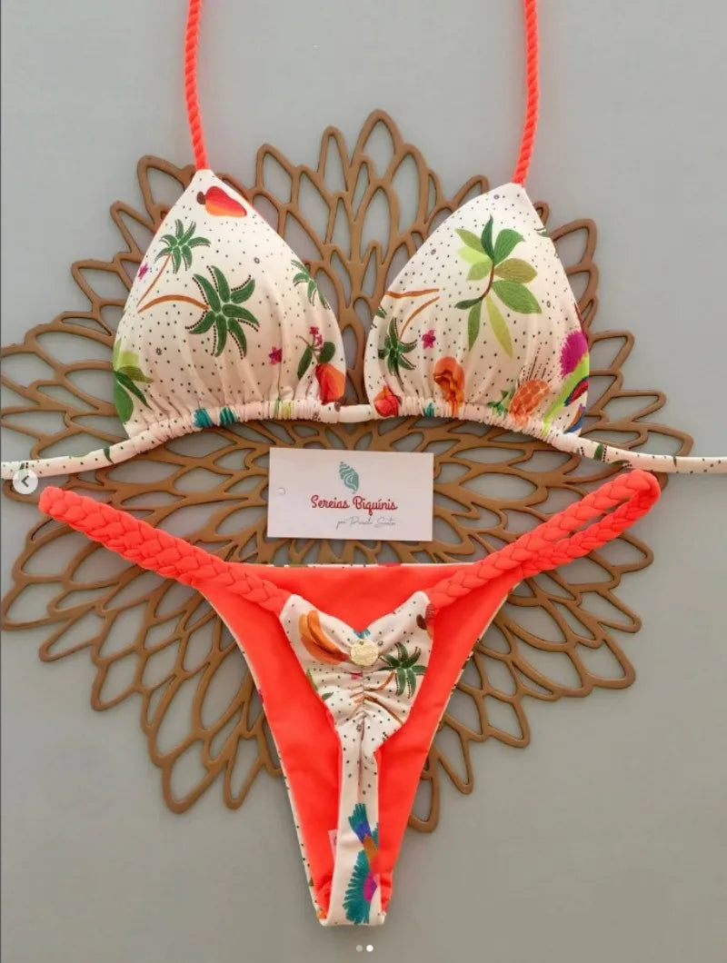 2026 New Bikinis Women Swimsuit Sexy Swimwear Halter Bikini Set Lace-up Biquine Brasileiro Thong Print Beachwear Party Wear