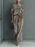 2026 Women Casual Warm Sportswear Set Velvet Long-sleeved Solid Color High-neck Wide-leg Pants Fashion Spring Autumn New Style