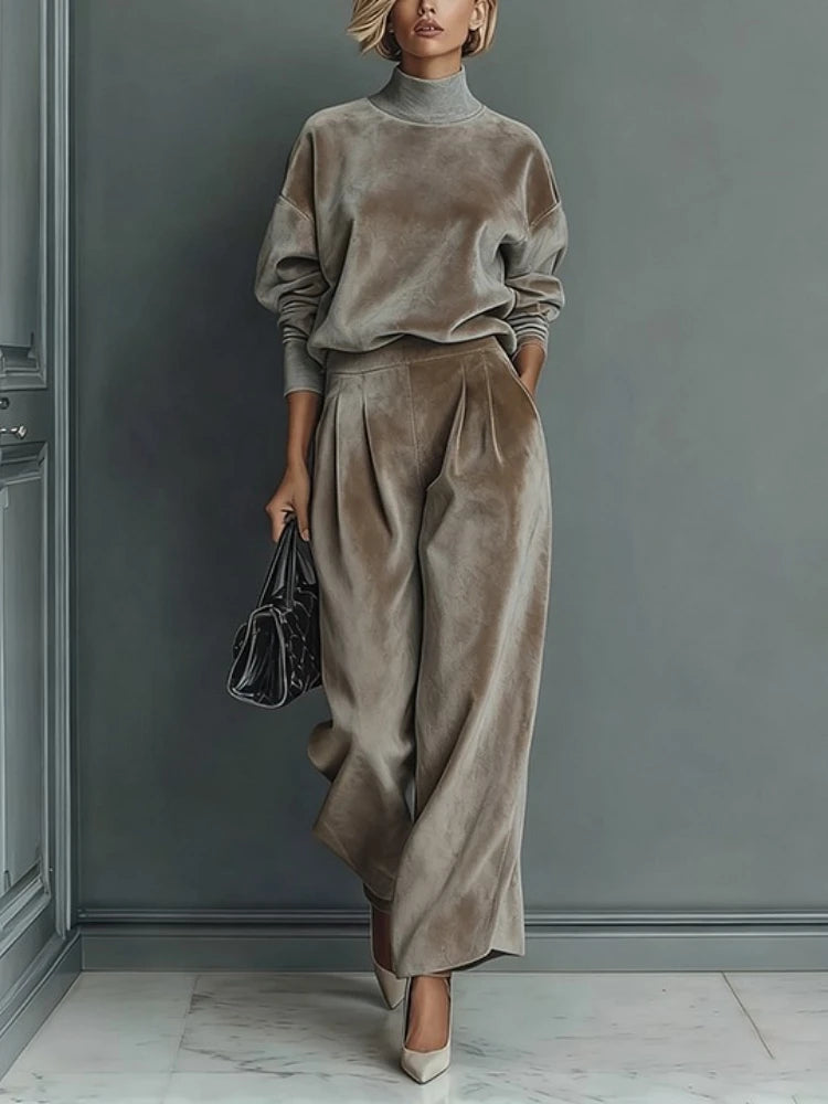 2026 Women Casual Warm Sportswear Set Velvet Long-sleeved Solid Color High-neck Wide-leg Pants Fashion Spring Autumn New Style