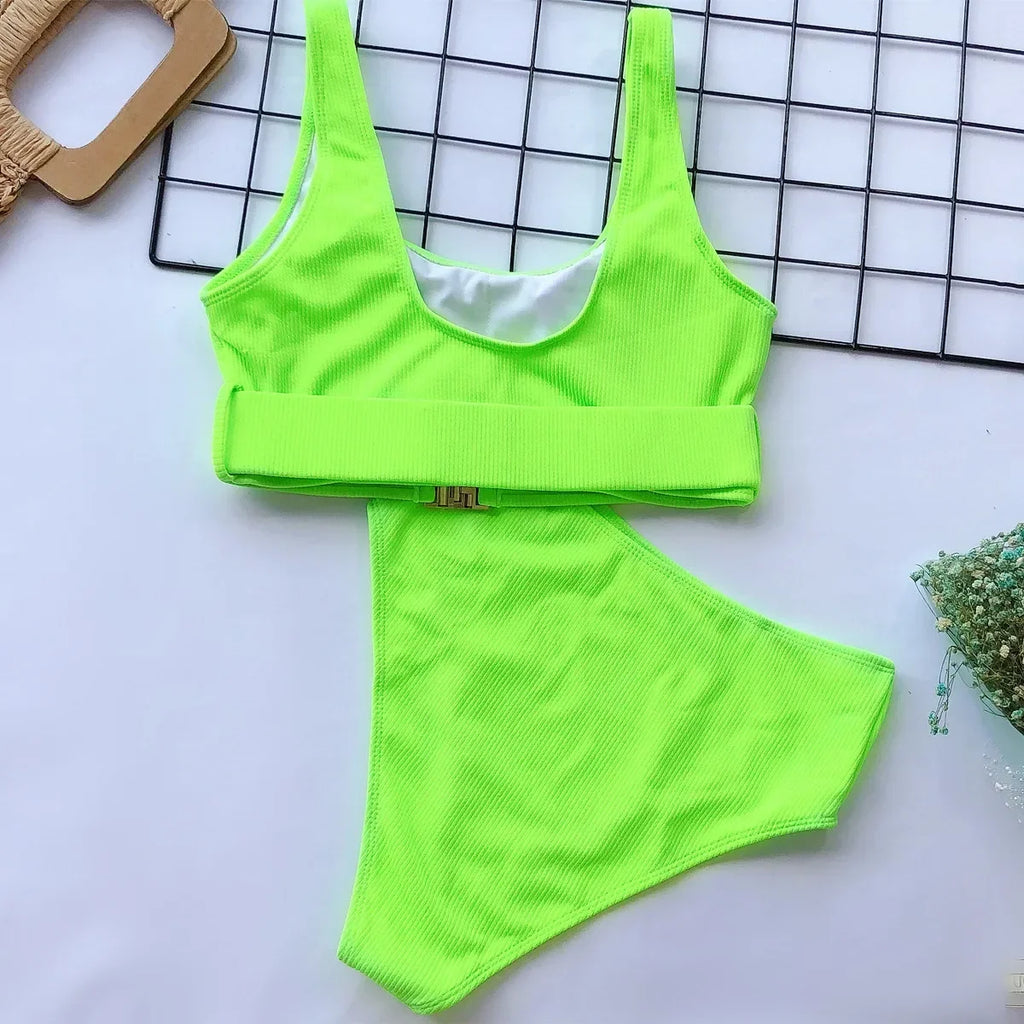 2025 Sexy Neon Green Bikini Set Women Push Up Buckle Push Up Swimsuit Summer Solid White Bathing Suit Beach High Waist Swimwear