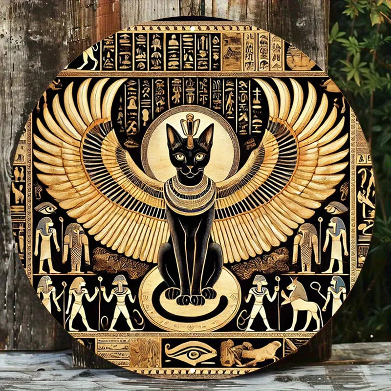 Egyptian Cat Goddess Vintage Metal Sign - Majestic Aluminum Round Wall Art, 7.8x7.8 Inch - Perfect for Bars, Cafes, Beach Houses